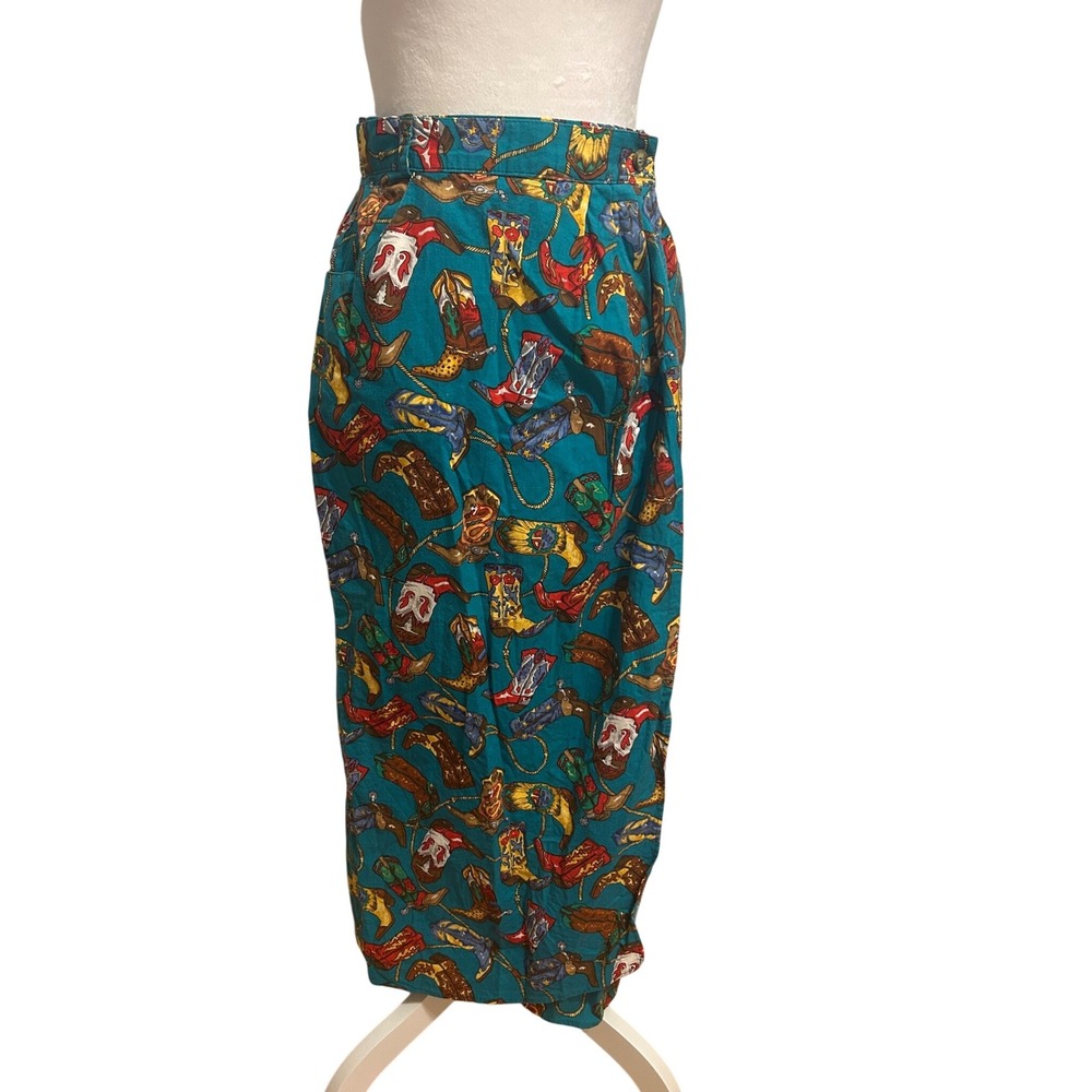 Verge sz 10‎ Vintage Cowboy retro rockabilly boot novelty print wrap midi skirt